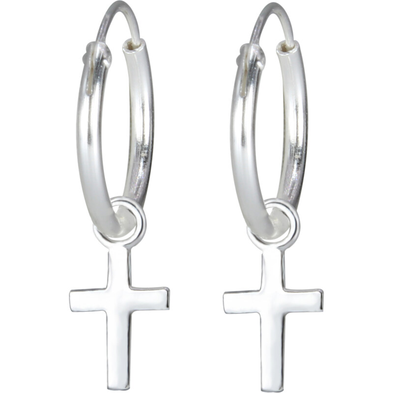 SYLVIENE Stříbrné náušnice kruhy 12 mm s křížkem 58923099