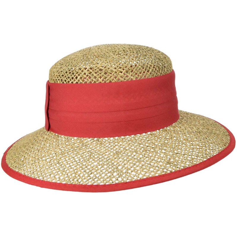 Dámský béžový letní slaměný (mořská tráva) klobouk s červenou stuhou - Seeberger since 1890