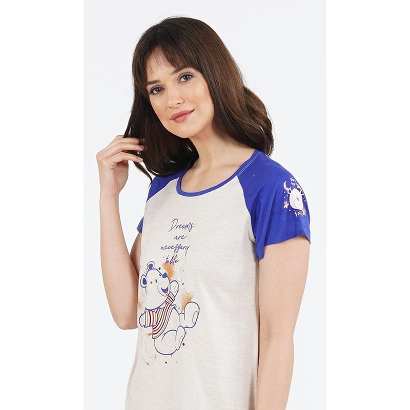 Vienetta Dámská noční košile s krátkým rukávem Méďa - modrá