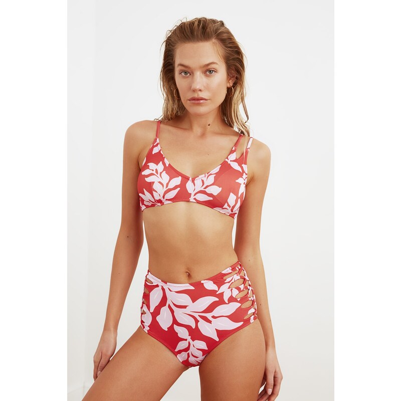 Trendyol Colorful Leaf Pattern Cross-Connected High Waist Bikini