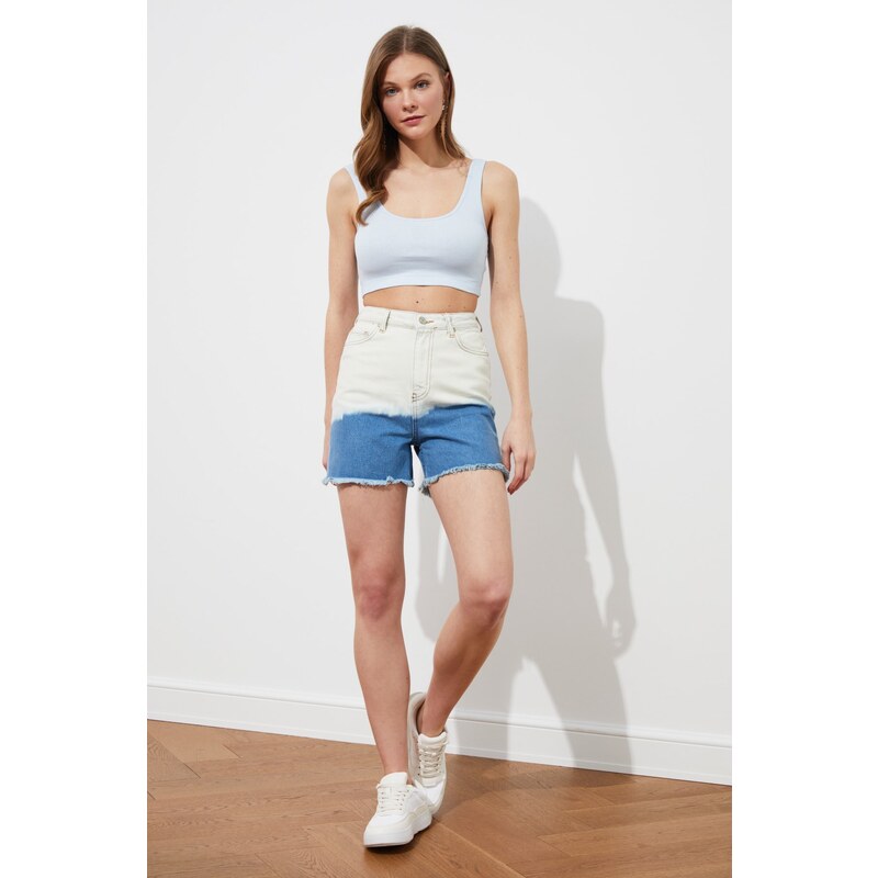 Trendyol Blue White Color-Blocked Tasseled Denim Shorts