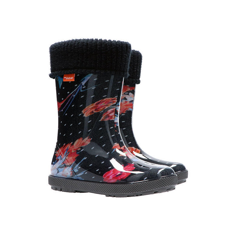 Dívčí holínky - Demar HAWAI LUX PRINT AM 0048 - květy, černá