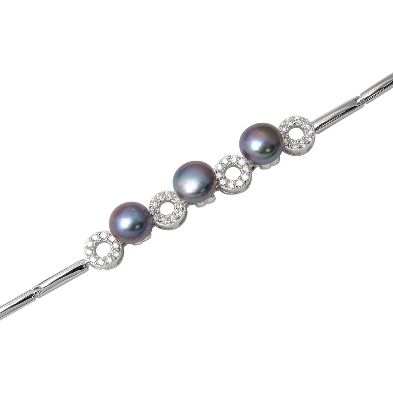 Stříbrný náramek s říčními perlami a kolečky se zirkony - Meucci TAB010