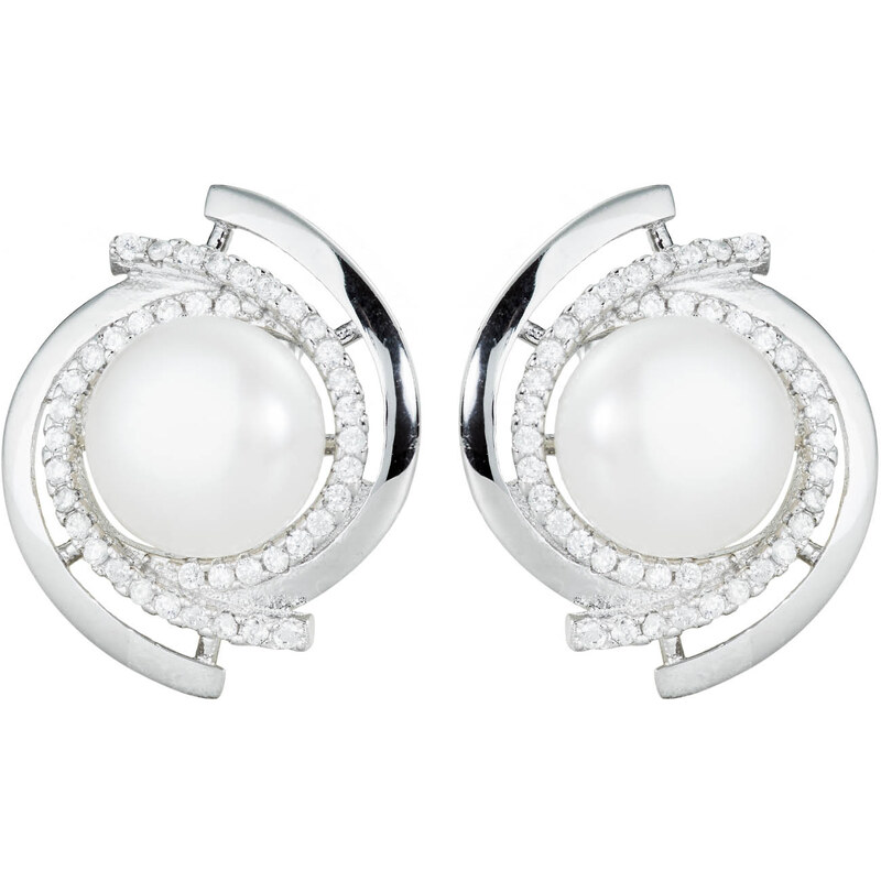 Stylové stříbrné náušnice s perlou a zirkony - Meucci SP16E
