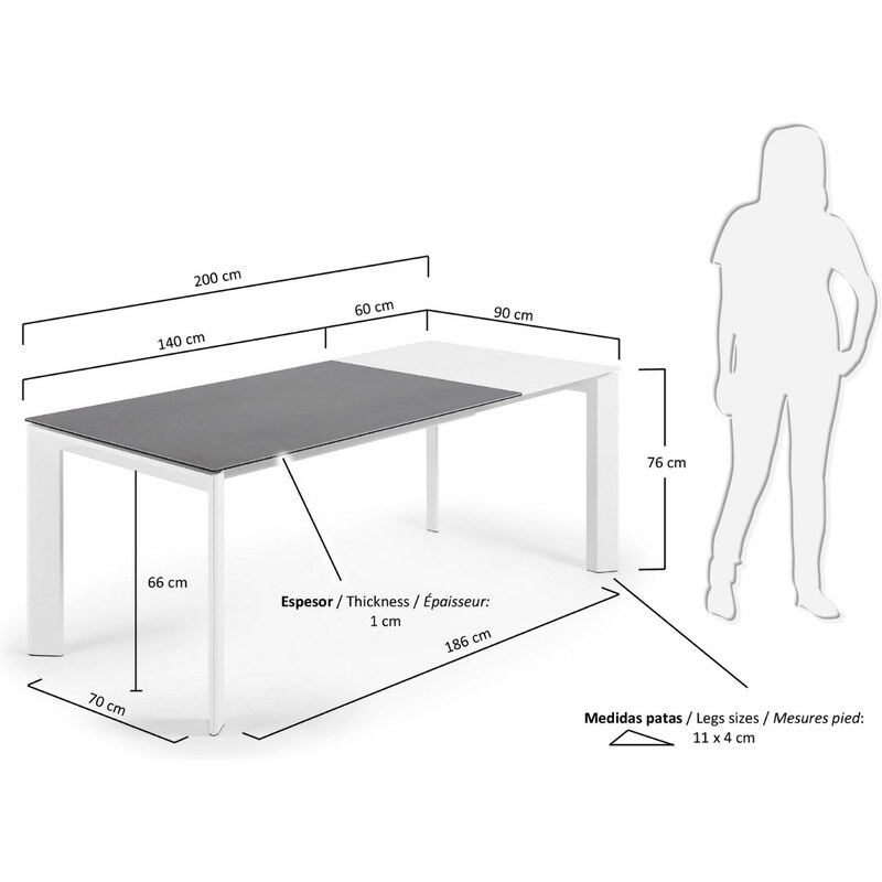 Antracitově šedý keramický rozkládací jídelní stůl Kave Home Axis II. 140/200 x 90 cm, bílá podnož