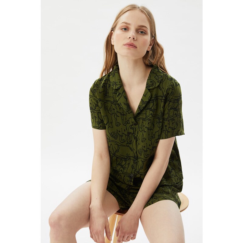 Trendyol Green Viscose Animal Patterned Shirt-Shorts Woven Pajama Set