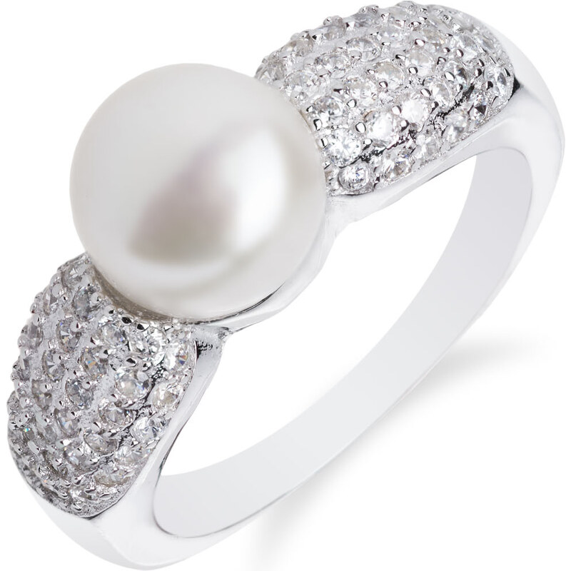 Stříbrný prsten s říční perlou a zirkony po stranách - Meucci SP25R