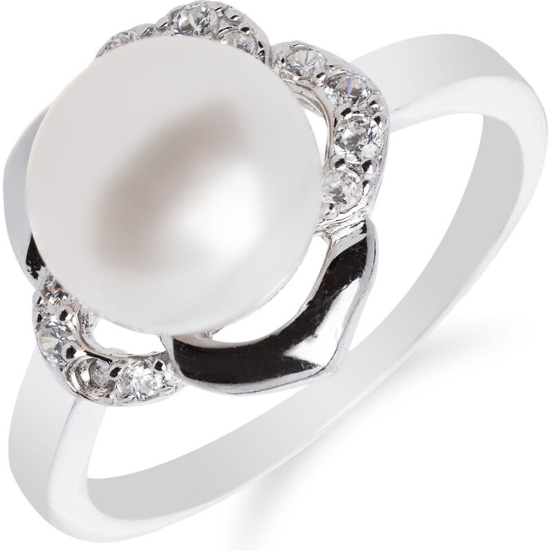Stříbrný rhodiovaný prsten s perlou a kytičkou - Meucci SP28R