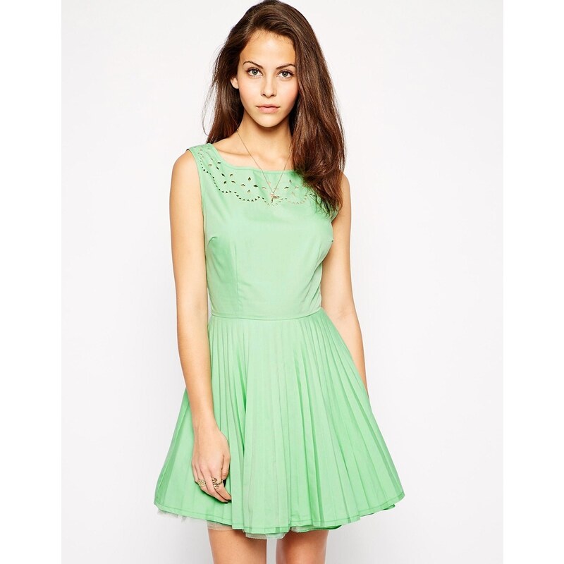 AX Paris Cutwork Dress with Pleated Skirt - Green