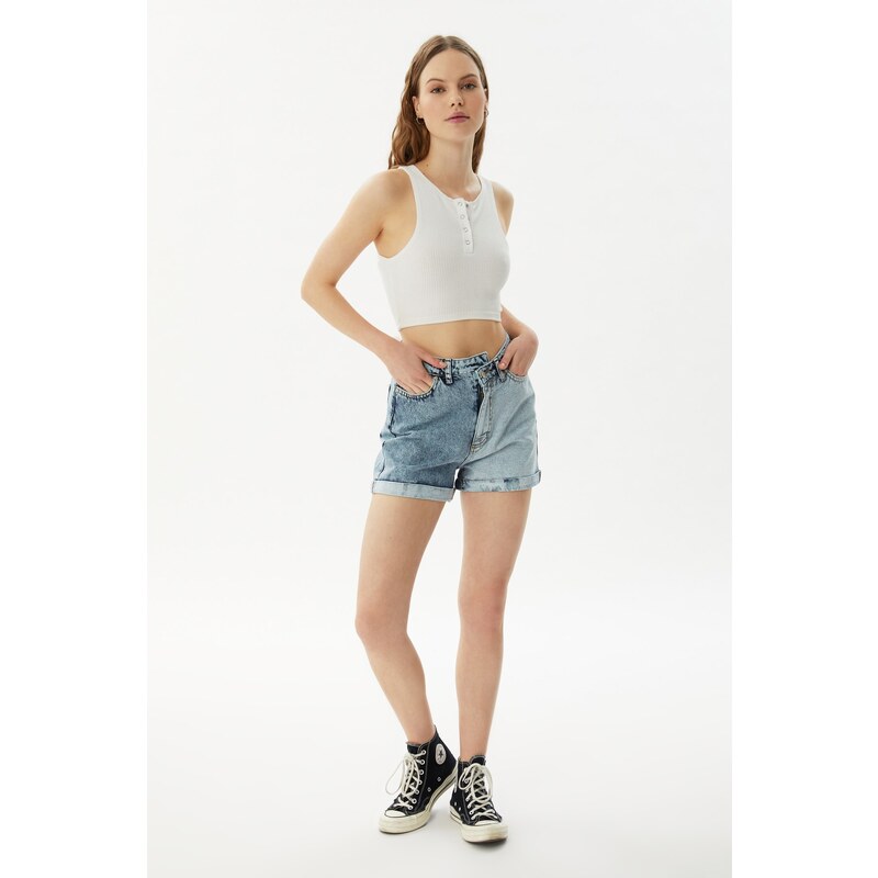 Trendyol Blue Color Block Asymmetric Closure Denim Shorts