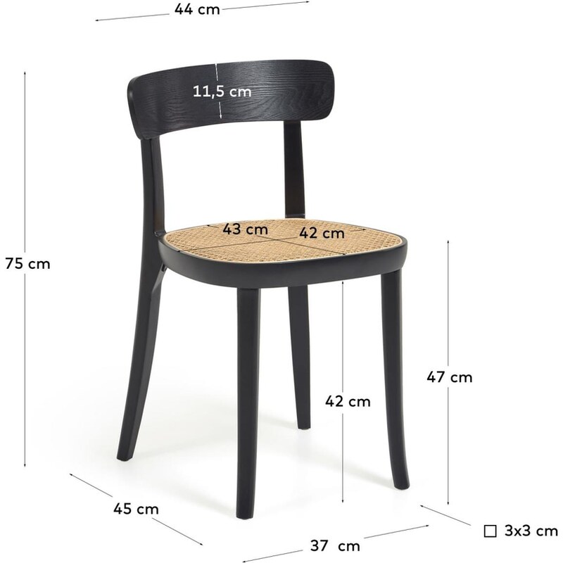 Černá jasanová jídelní židle Kave Home Romane s ratanovým výpletem