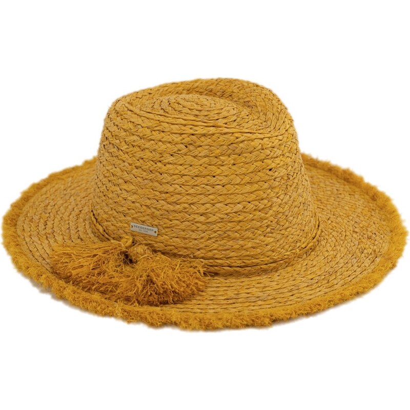 Dámský fedora letní slaměný žlutý klobouk s třásněmi - Seeberger