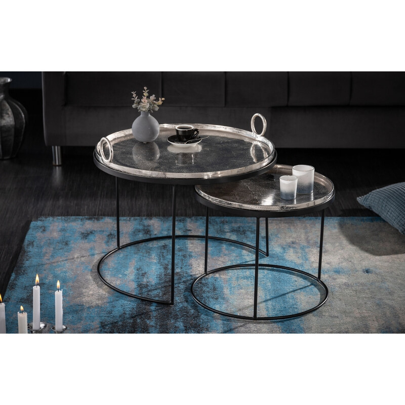 Moebel Living Set dvou stříbrných kovových konferenčních stolků Santino 62/46 cm