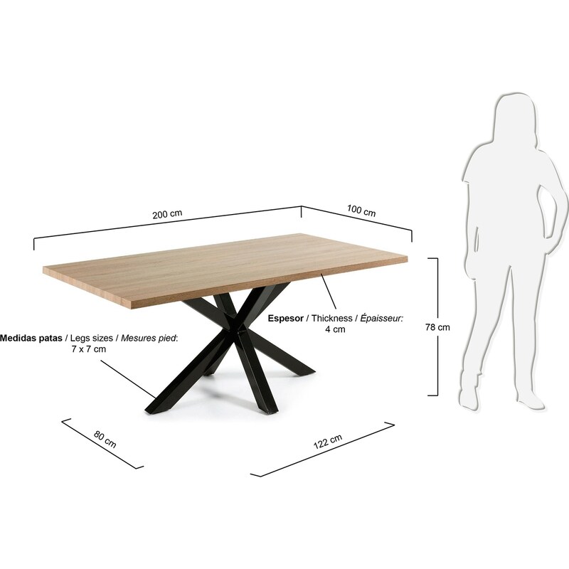 Dubový jídelní stůl Kave Home Argo 200 x 100 cm s černou kovovou podnoží