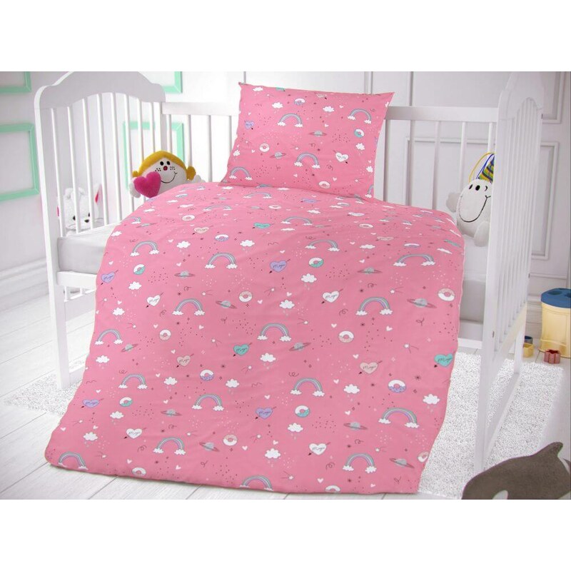 Kvalitex Bavlněné povlečení do dětské postýlky Obláčky růžové Bavlna, 90x135, 45x60 cm