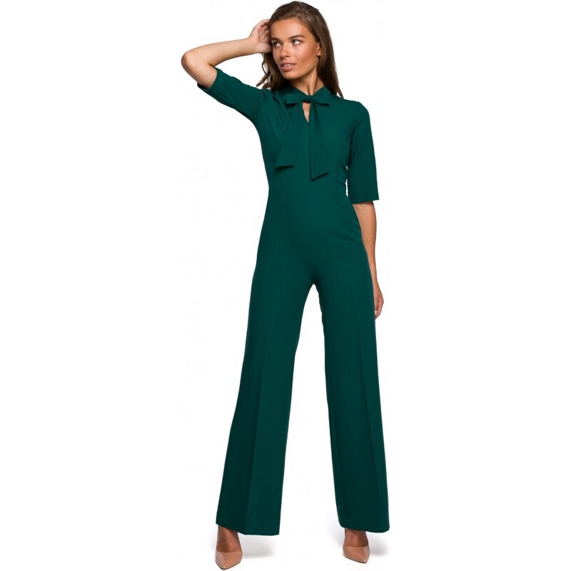STYLOVE S243 Elegantní overal se zavazováním za krkem - zelený 60510028