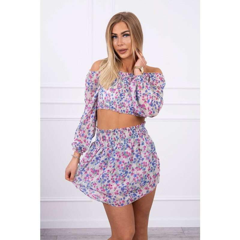 MladaModa Souprava sukně a topu s květinovým vzorem model 9288 béžová 60706756