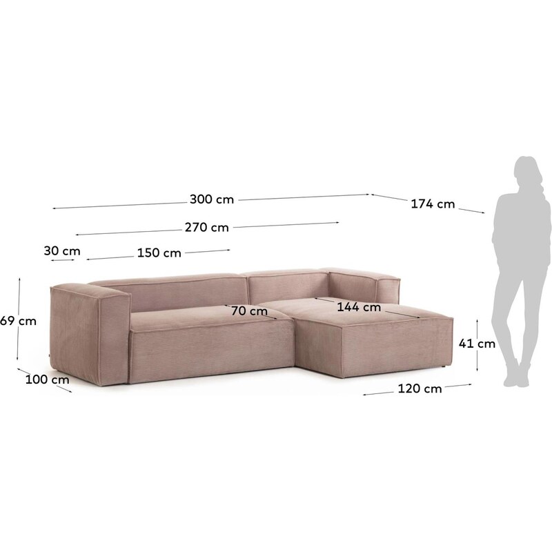 Růžová manšestrová rohová pohovka Kave Home Blok 300 cm, pravá