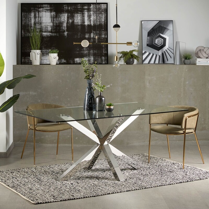 Skleněný jídelní stůl Kave Home Argo 180 x 100 cm s nerezovou podnoží