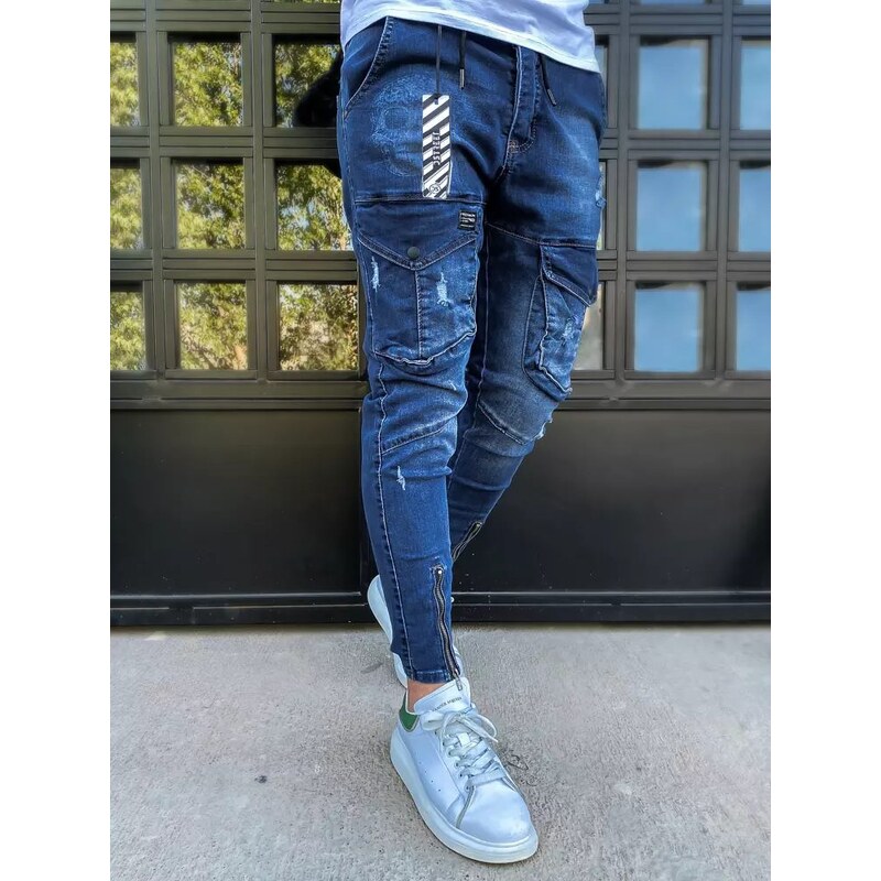 Buďchlap Trendové tmavě-nebesky modré kapsáčové džíny