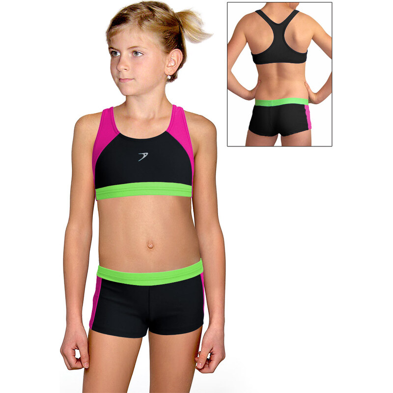 Ramisport Dívčí sportovní plavky dvoudílné s nohavičkou PD664 černá s růžovou a reflexní zelenou