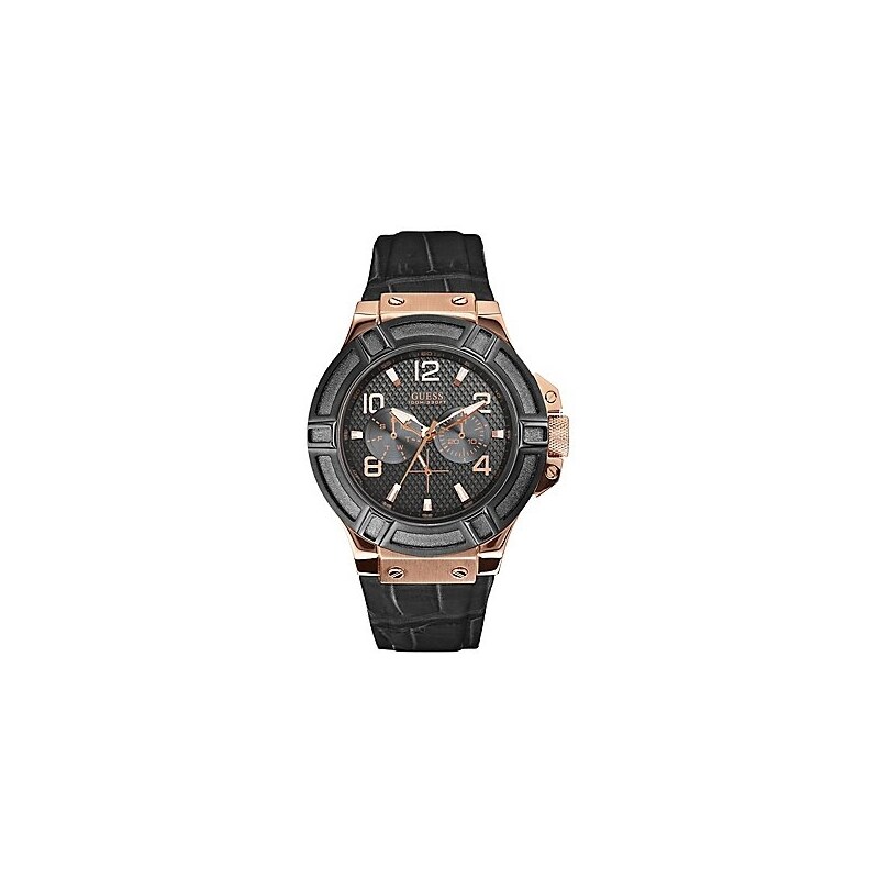 Guess Hodinky Black and Rose-Gold Tone Rigor®Standout Sport Casual Watch