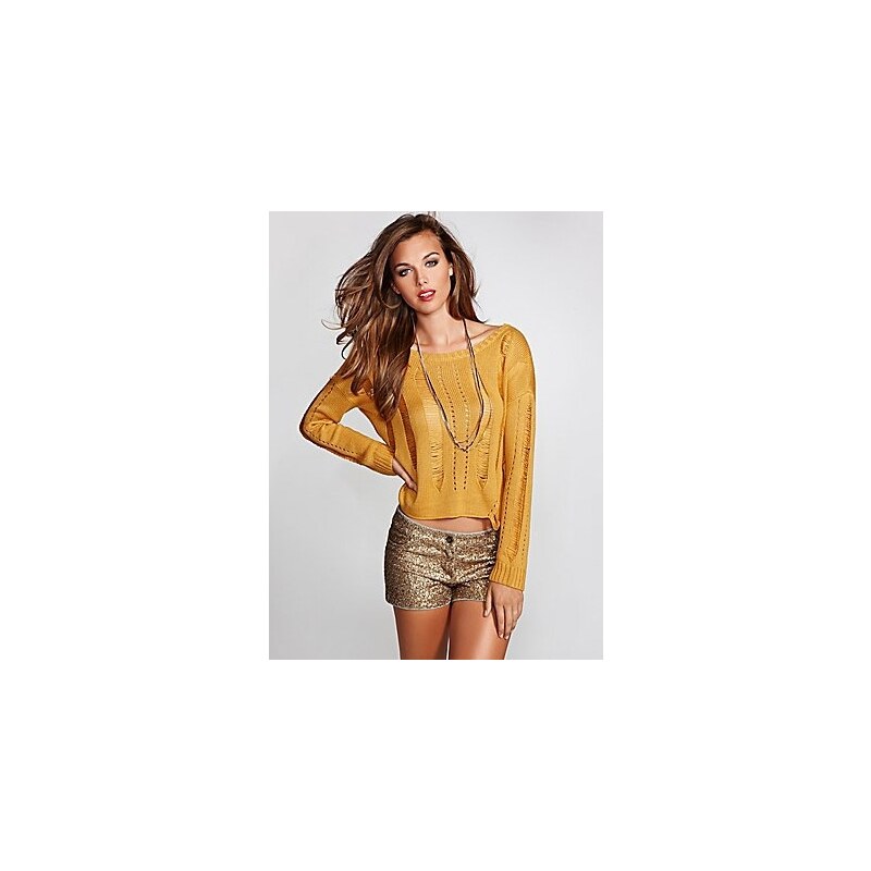 Guess Svetr Long-Sleeve Shredded Crop Sweater žlutý, velikost S