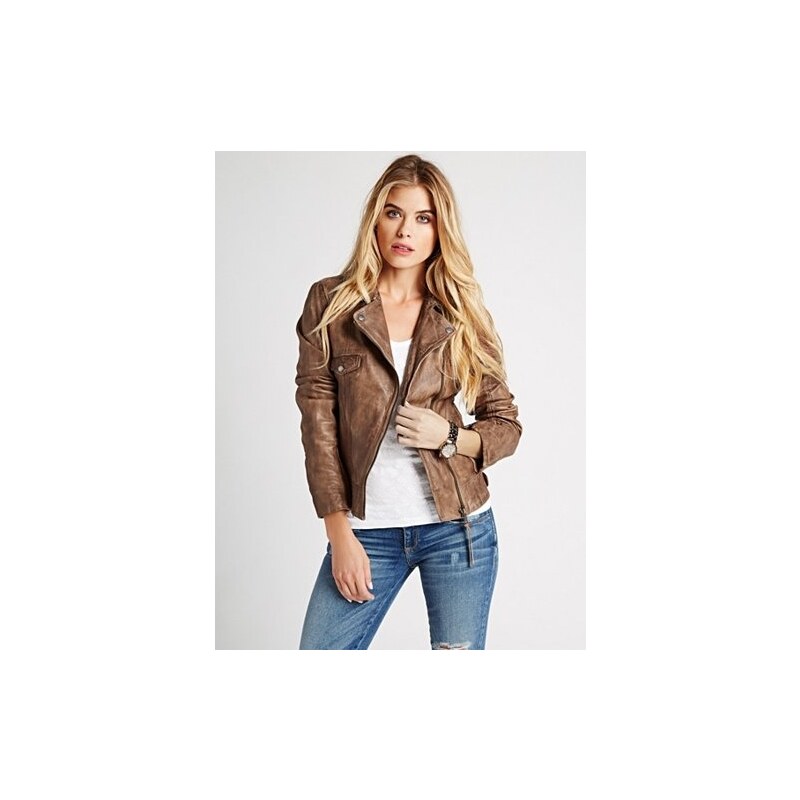 Guess Kožená bunda Lara Genuine Leather Jacket hnědá, velikost XS
