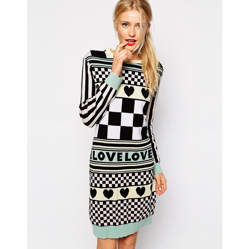 Love Moschino Knitted Dress in Pastel Hearts and Squares Print - Multi