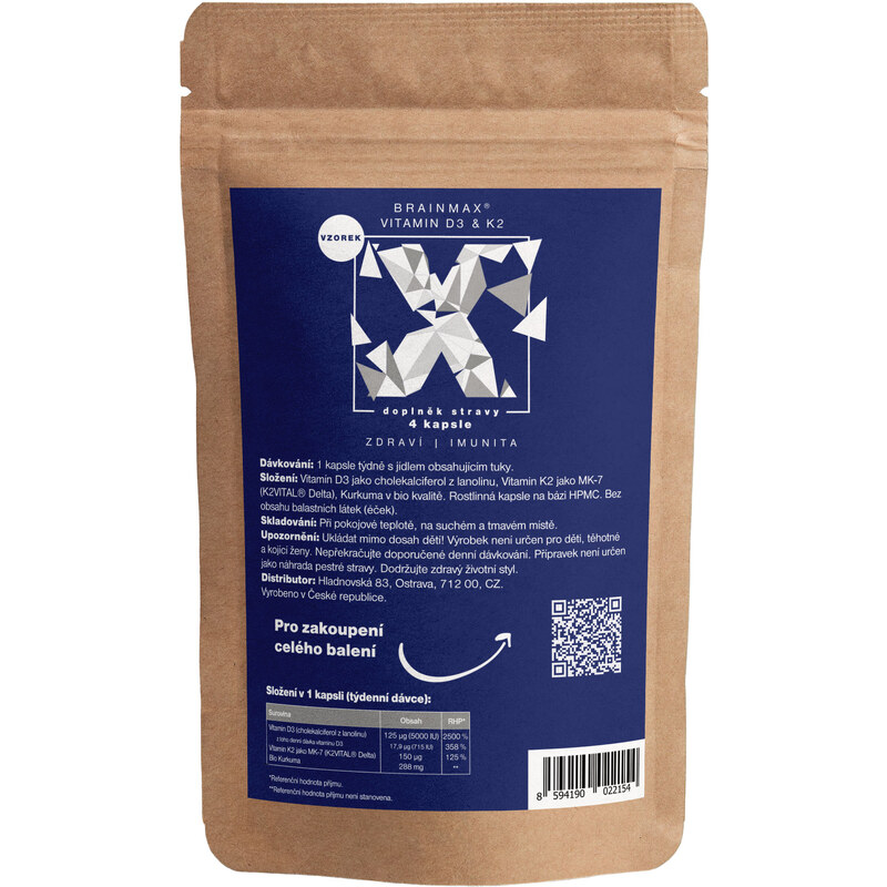 BrainMax Vitamin D3 & K2, 5000 IU / K2 jako MK7 150 mcg, vzorek, 4