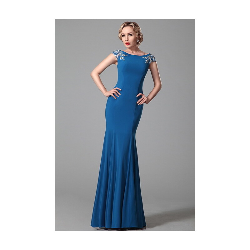 MiaBella Modré plesové šaty s rukávky jako na obrázku, XS = konfekční velikost 34