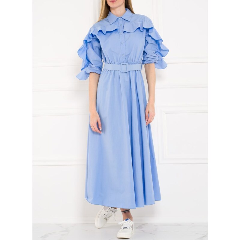 Glamorous by Glam Dámské dlouhé košilové šaty s volány - světle modrá