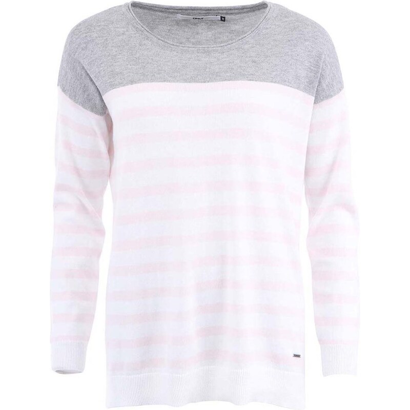 Šedo-bílý svetr s růžovými pruhy ONLY Tiff