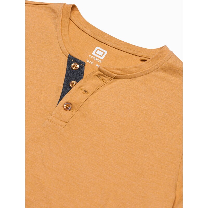 Ombre Clothing Pánské tričko bez potisku s knoflíky - hořčicový melír V3 S1390
