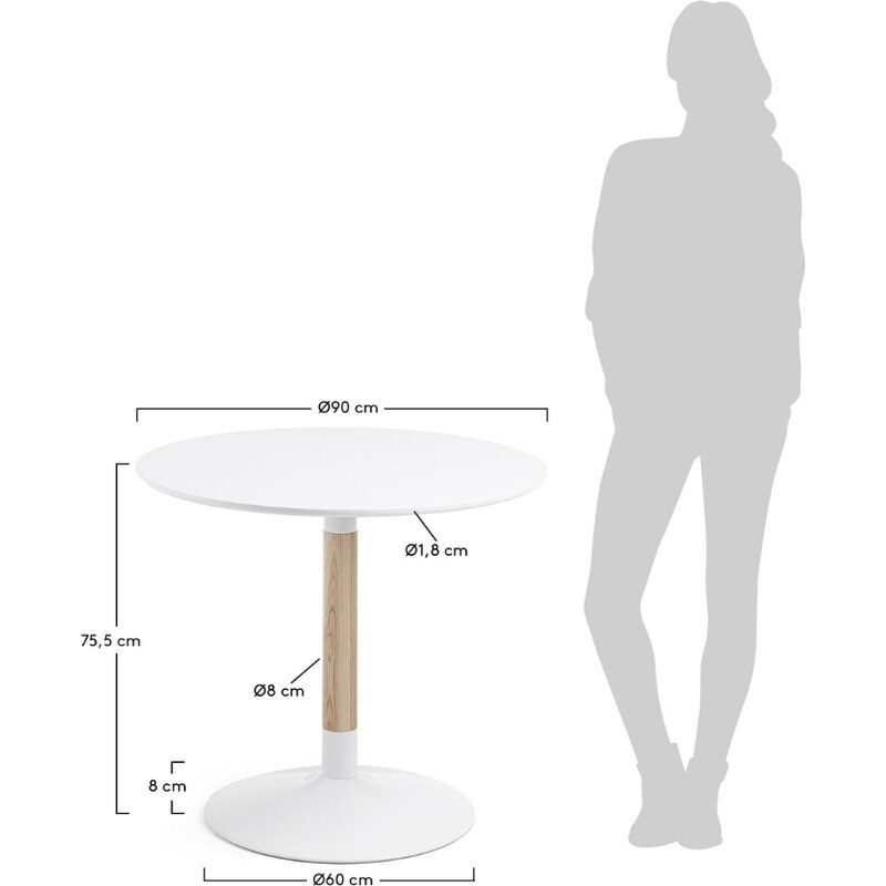 Bílý lakovaný bistro stůl Kave Home Trick 90 cm s jasanovou podnoží