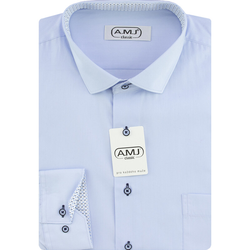 AMJ Pánská košile jednobarevná JDR46/16, světle modrá s modro-bílými doplňky, dlouhý rukáv, regular fit