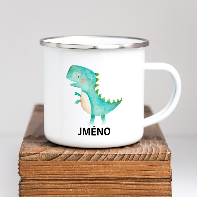 Domovi Bílý plecháček se jménem a dinosaurem T-Rex 360ml