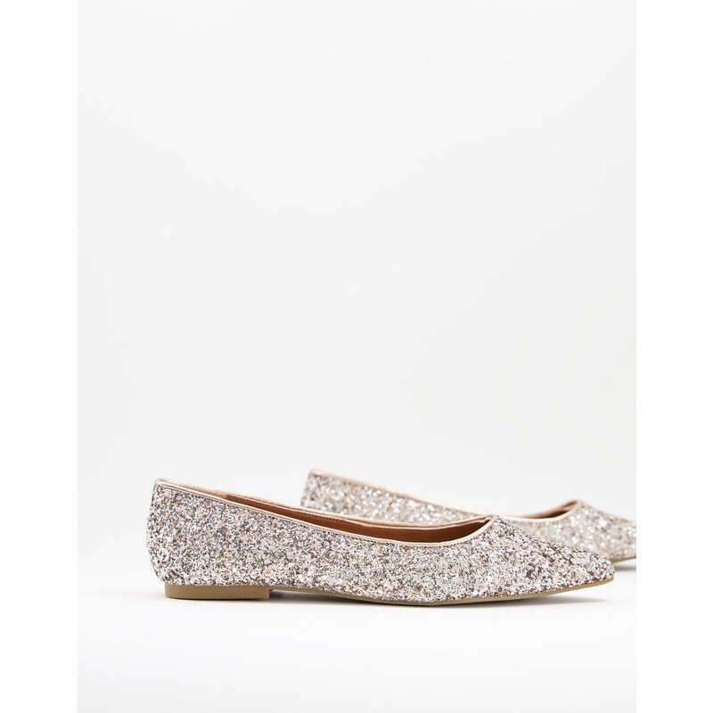 ASOS DESIGN Lucky pointed ballet flats in rose gold glitter 113259661