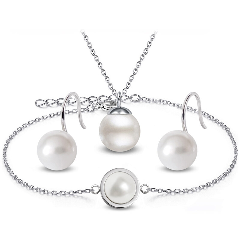 Jewellis ČR 3-dílný ocelový perlový set Pearls - náramek, náhrdelník a náušnice s perlami Swarovski - Crystal White