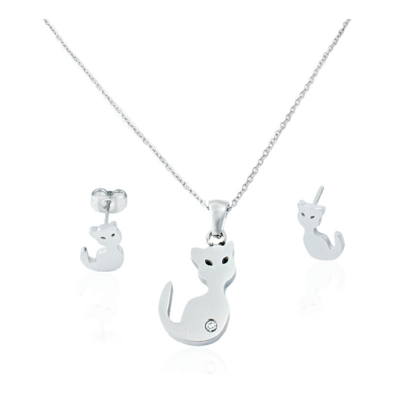 BM Jewellery Dámský set náušnice a řetízek s přívěskem kočka z chirurgické oceli S11122060