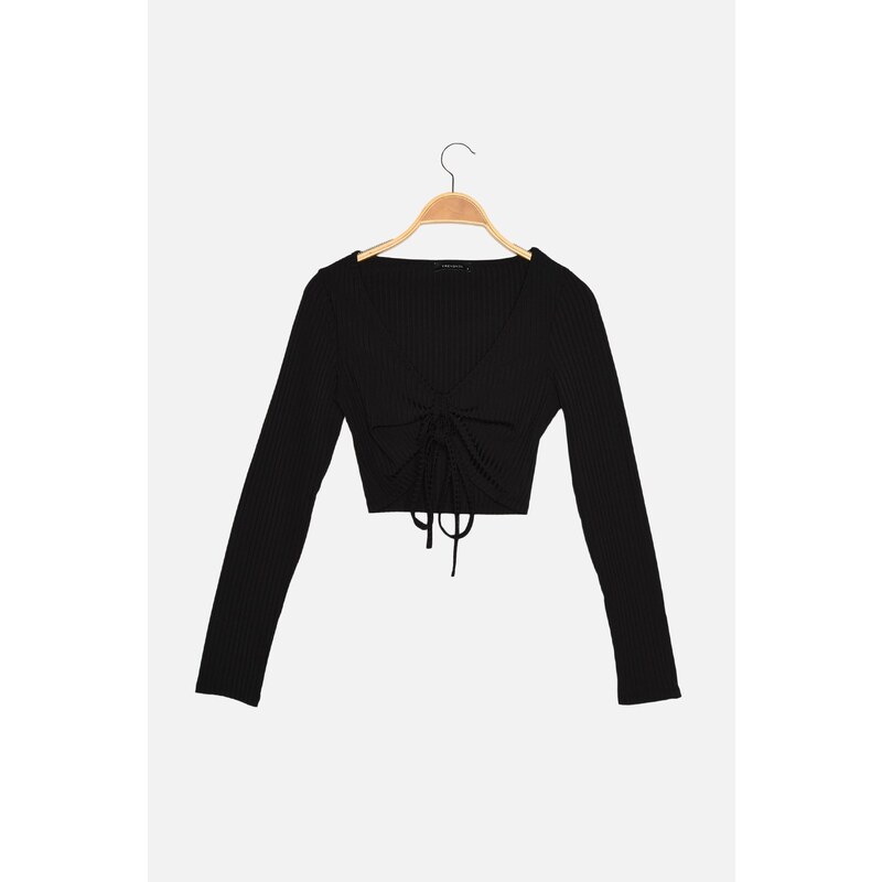Trendyol Black Ruffle Detailed Corduroy Knitted Blouse