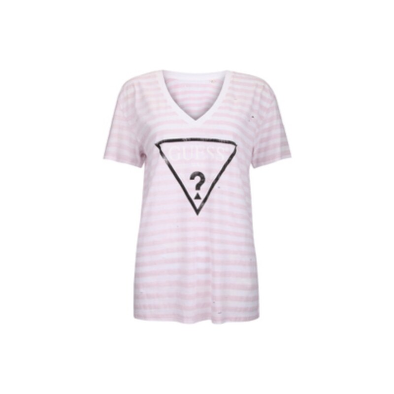 Outlet - GUESS tričko Destroyed Logo V-Neck Tee lilac M Růžová