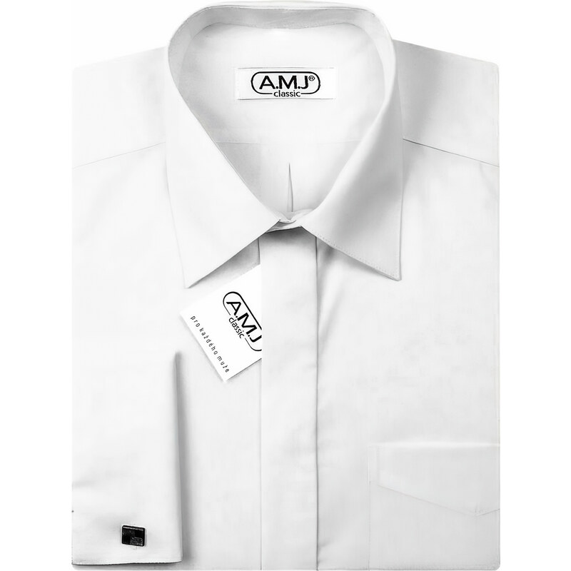 Pánská košile AMJ na manžetové knoflíčky, bílá JDSA018MK, dlouhý rukáv, slim fit