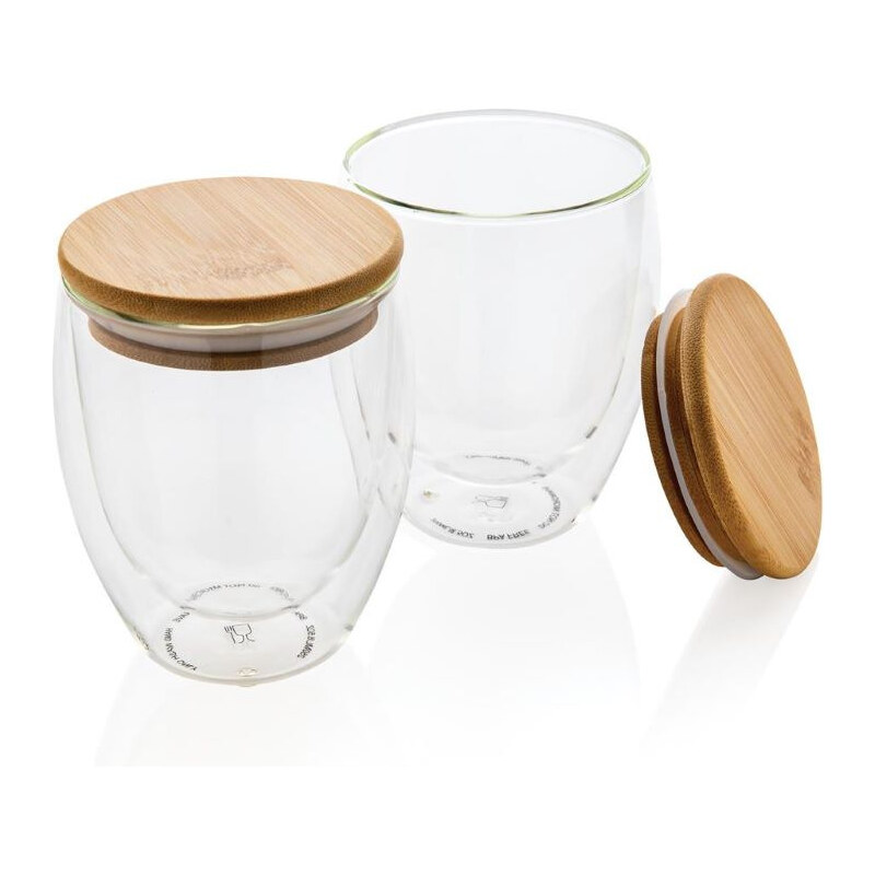 Set dvou dvoustěnných sklenic s bambusovým víčkem, 250ml, XD Design, čirá