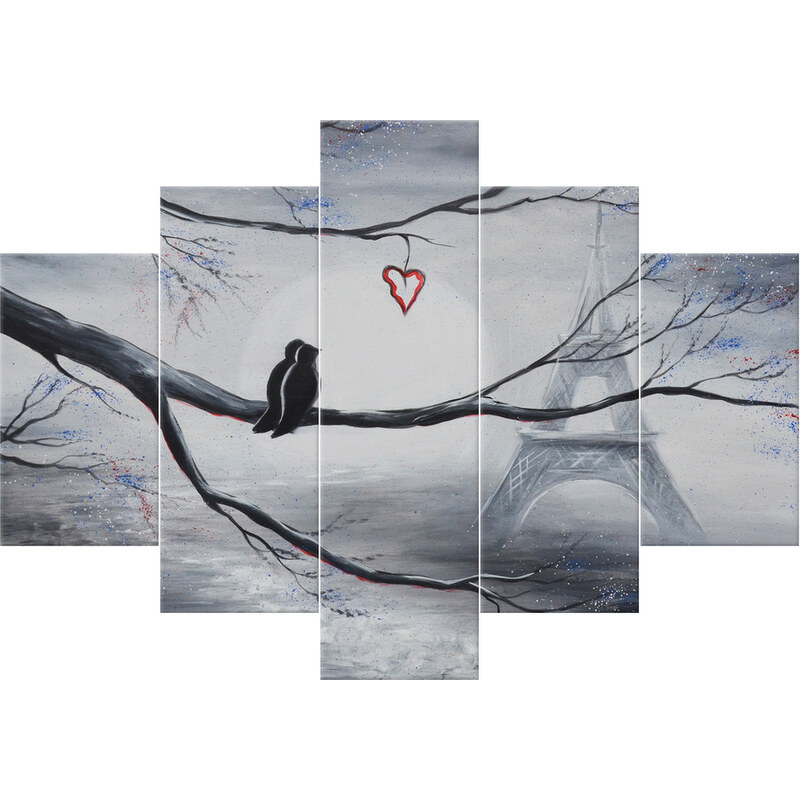 Gario Ručně malovaný obraz Ptačí romantika v Paříži - 5 dílný Rozměry: 100 x 70 cm