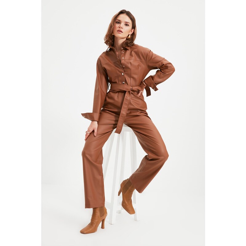 Trendyol Brown Petite Belted Leather Look Jumpsuit