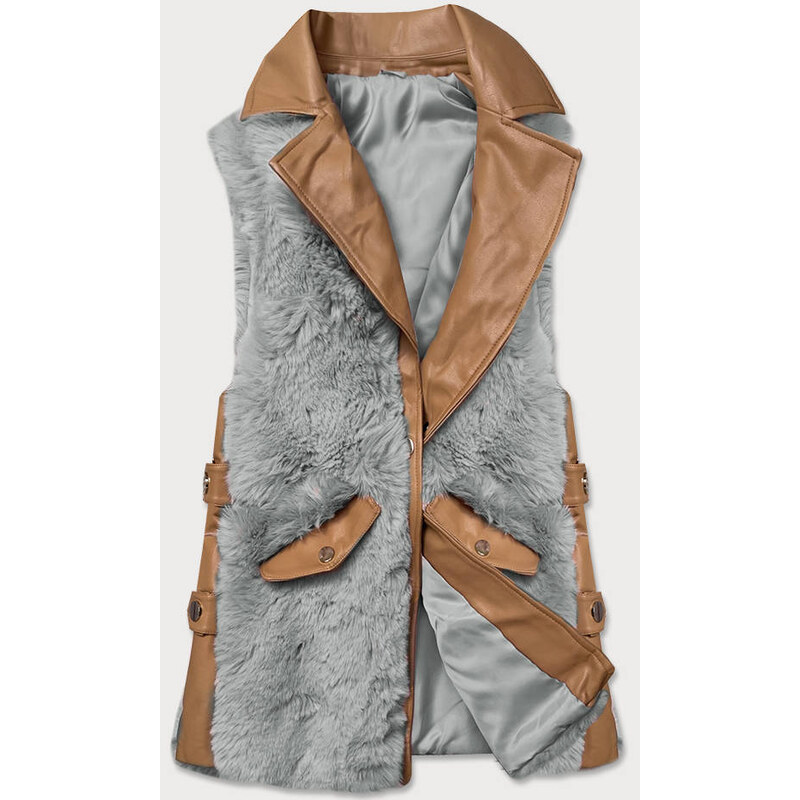 S'WEST Elegantní vesta v karamelovo-šedé barvě z eko kůže a kožešiny (BR9592-9022)