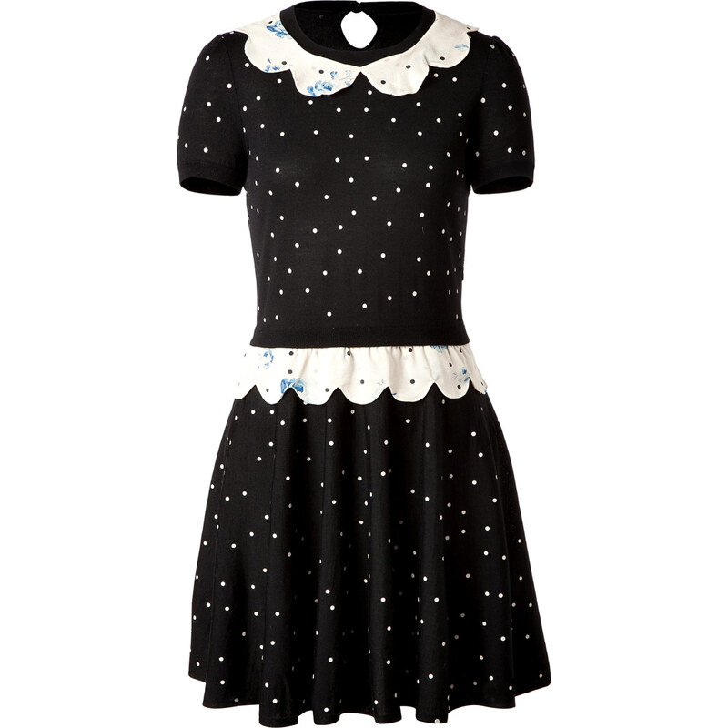 RED Valentino Wool Polka Dot Dress with Floral Print Trim