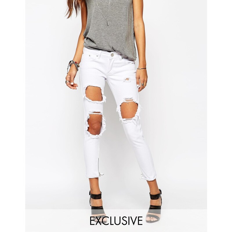 Liquor & Poker Skinny Jeans With Extreme Distressing Ripped Knees - White
