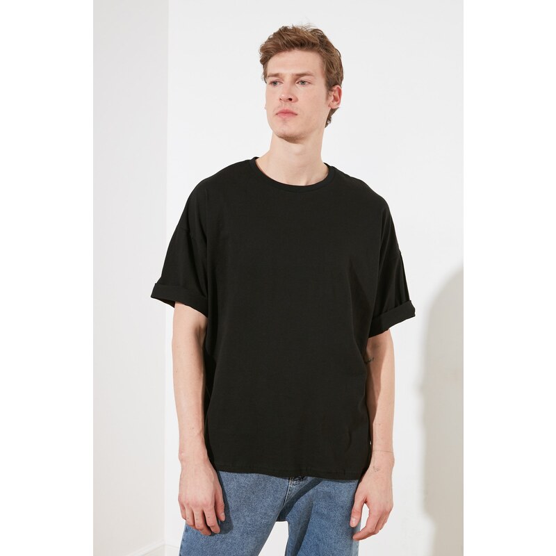 Trendyol Black Oversize/Wide Cut Text Printed Short Sleeve 100% Cotton T-Shirt